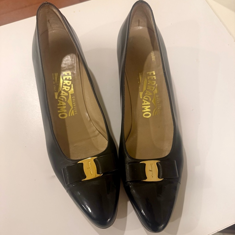 Salvatore Ferragamo Vara Bow Black Wedge Heels with Gold Accent
